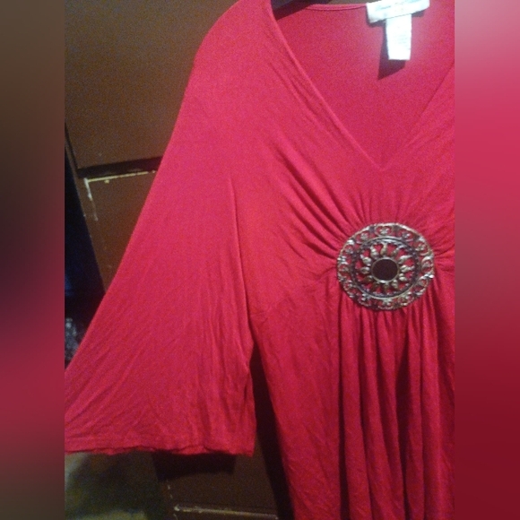Red Ruched Blouse with Embellished Details (A) - Picture 2 of 11